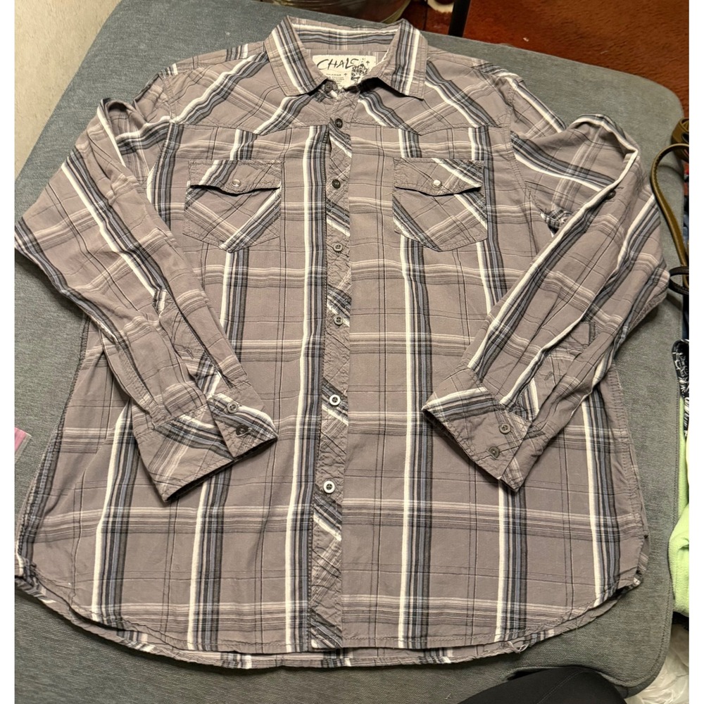 Chalc Mens XXL Grey Plaid Long Sleeve Western Snap‎ Pocket Button Down Shirt